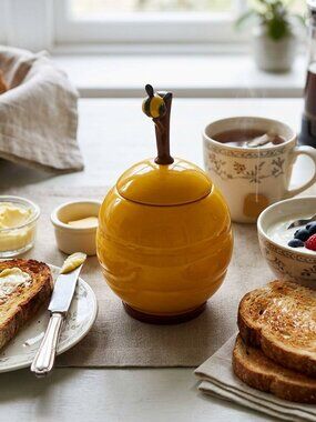 Small Ceramic Honey Pot Jar With Dipper Stick and Decorative Bee by Joie